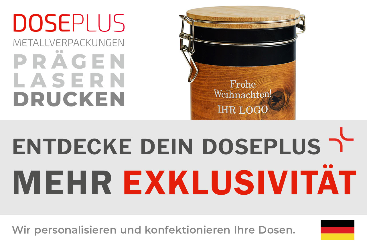 Doseplus Metallverpackung mit Holzoptik und Bambusdeckel, Gravur „Frohe Weihnachten! Ihr Logo“. Text: „Metallverpackungen prägen, lasern, drucken – Entdecke dein Doseplus, mehr Exklusivität“.