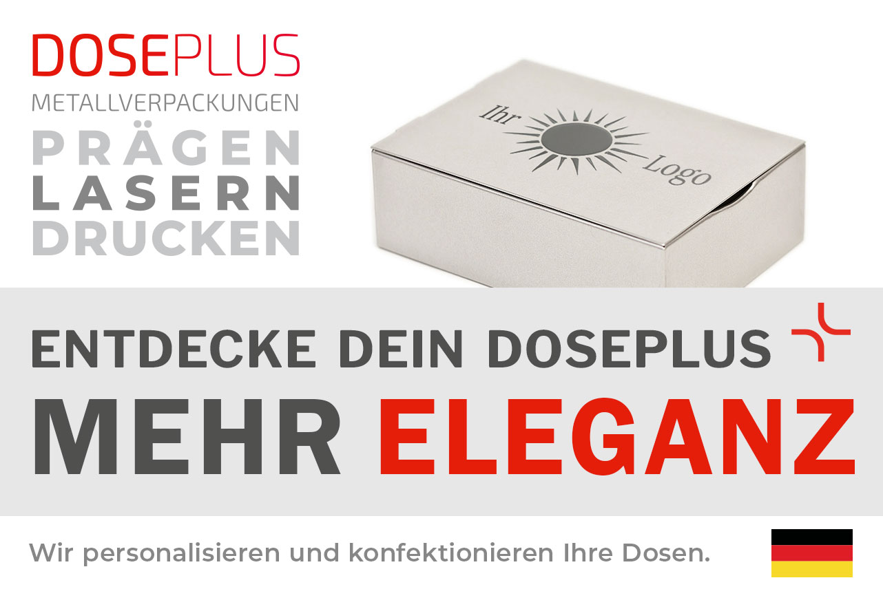Doseplus silberne rechteckige Metalldose mit Lasergravur eines Sonnensymbols und dem Text „Ihr Logo“. Text: „Metallverpackungen prägen, lasern, drucken – Entdecke dein Doseplus, mehr Eleganz“.