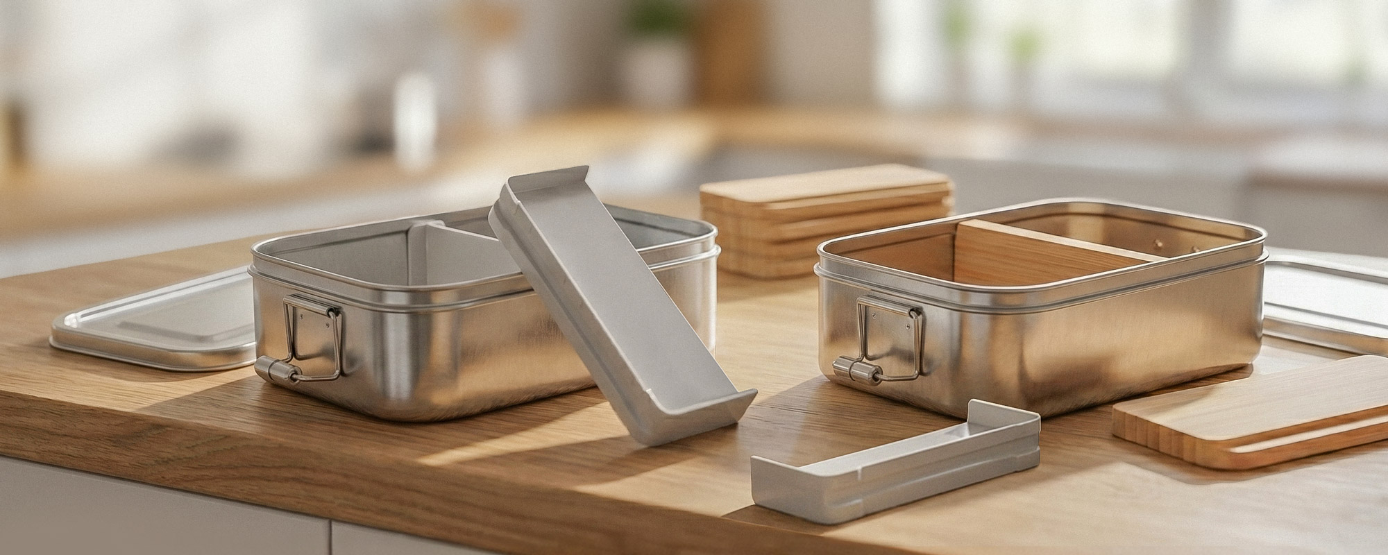 Trennwände, Holzdeckel uund Metallverschlüsse für Edelstahl-Lunchboxen zur individuellen Aufteilung und sicheren Aufbewahrung.