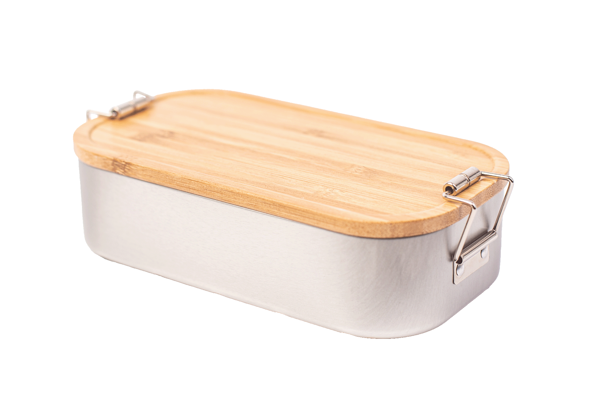 Geschlossene rechteckige Lunchbox aus silberfarbenem Metall mit seitlichen Clips und fest verschlossenem Bambusdeckel, neutraler Hintergrund.