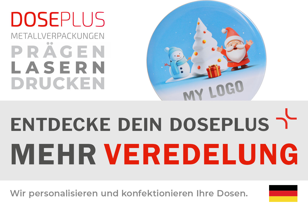 Doseplus WD 051 Runddose mit weihnachtlichem Druck und individualisierbarer Fläche – Banner: „Entdecke dein Doseplus – mehr Veredelung“. Perfekte Metallverpackung für Markenpräsentationen und Werbegeschenke.