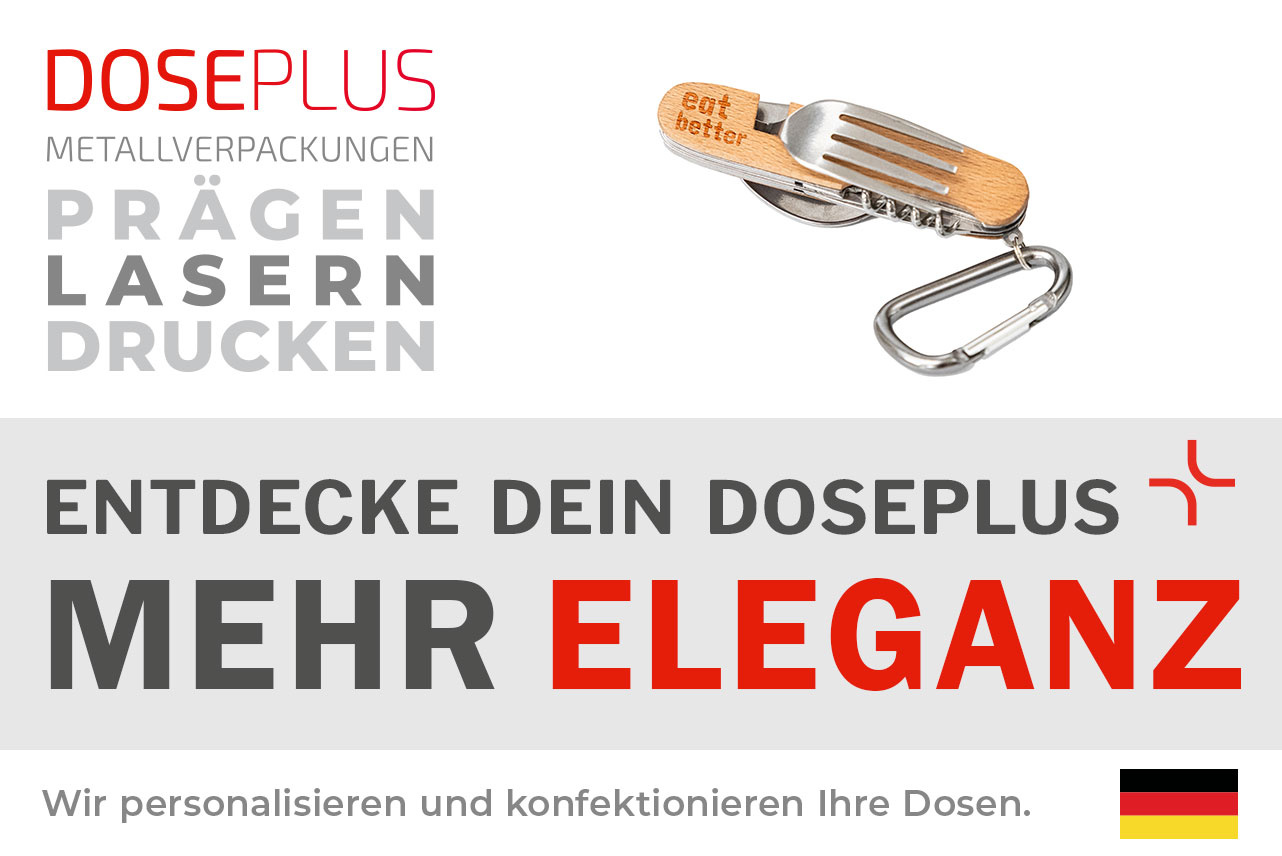Outdoor-Multifunktionsbesteck aus Edelstahl mit Buchenholzgriff – Doseplus Branding-Banner: „Entdecke dein Doseplus – Mehr Eleganz“. Präsentation der Veredelungsoptionen Gravur, Druck und Prägung.